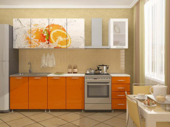 Кухонный гарнитур 1,6м Апельсин (Белый/Оранжевый металлик/Фотопечать апельсин) в Раздолинске - razdolinsk.mebel54.com | фото